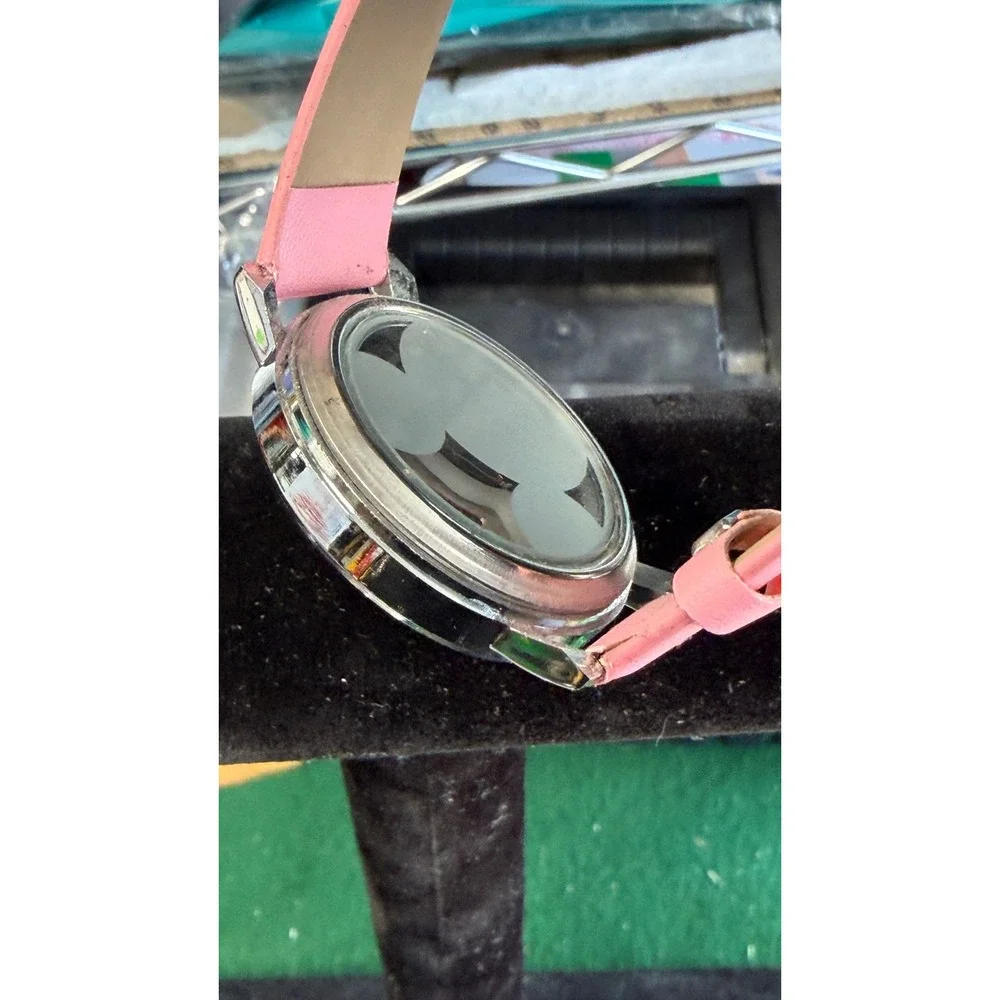 Disney Mickey Mouse Pink Silhouette Transparent Dial Watch B197 Silver Tone Case